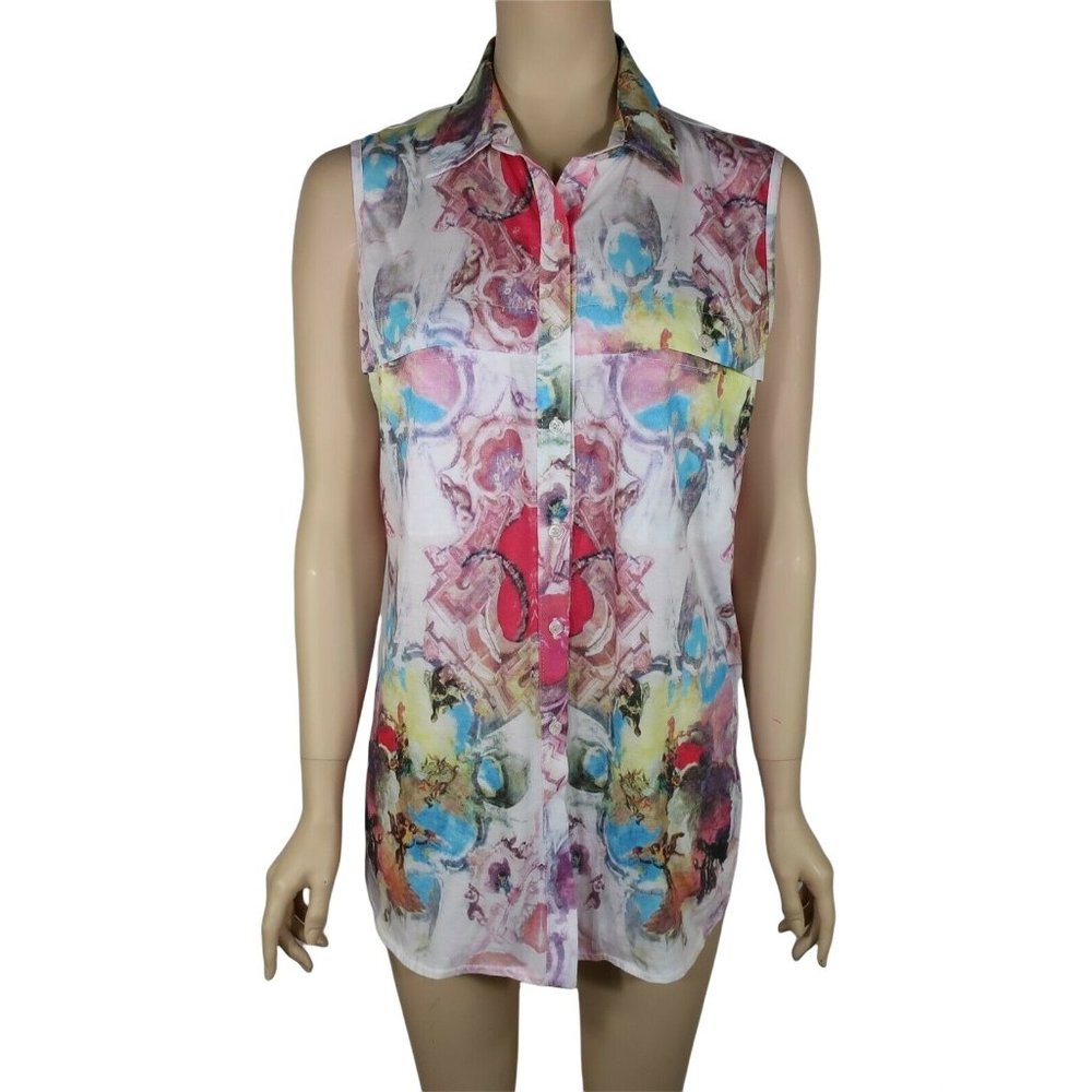 Carven Blouse Top Sleeveless Button Print Shirt Summer Medium